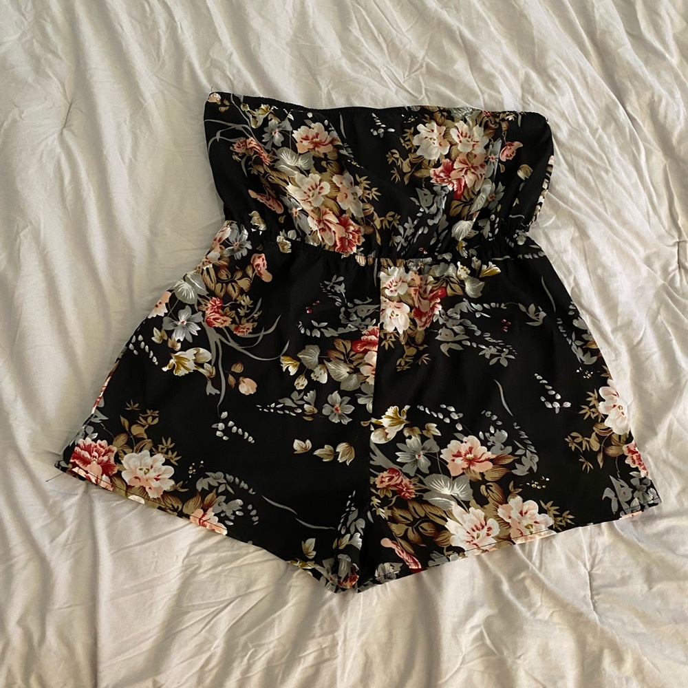 black floral strapless romper